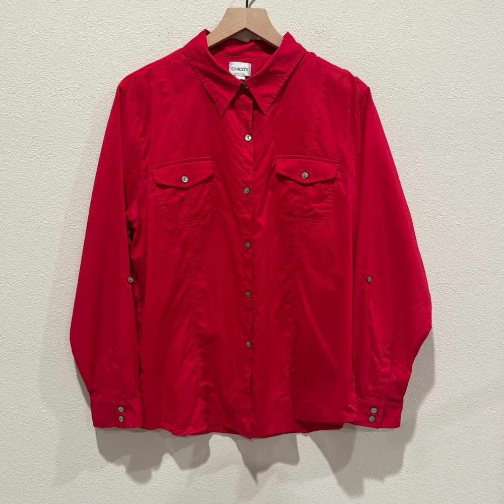 CHICO'S Women Button Down Lightweight Top Size 3 Cotton Classic
Sustainable Red